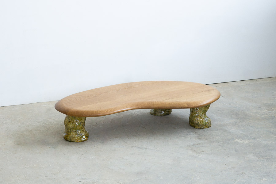 coffee table in white oak with green ceramic legs