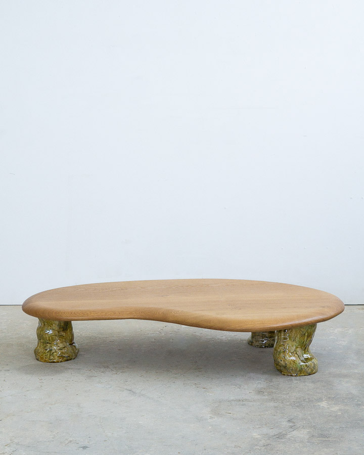 coffee table in white oak with green ceramic legs