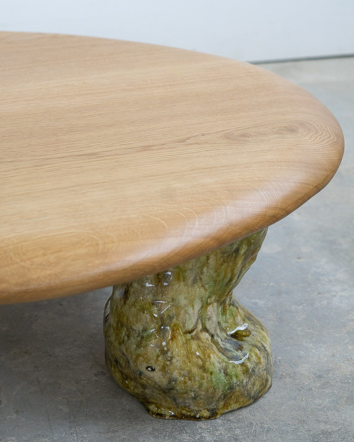 coffee table in white oak with green ceramic legs