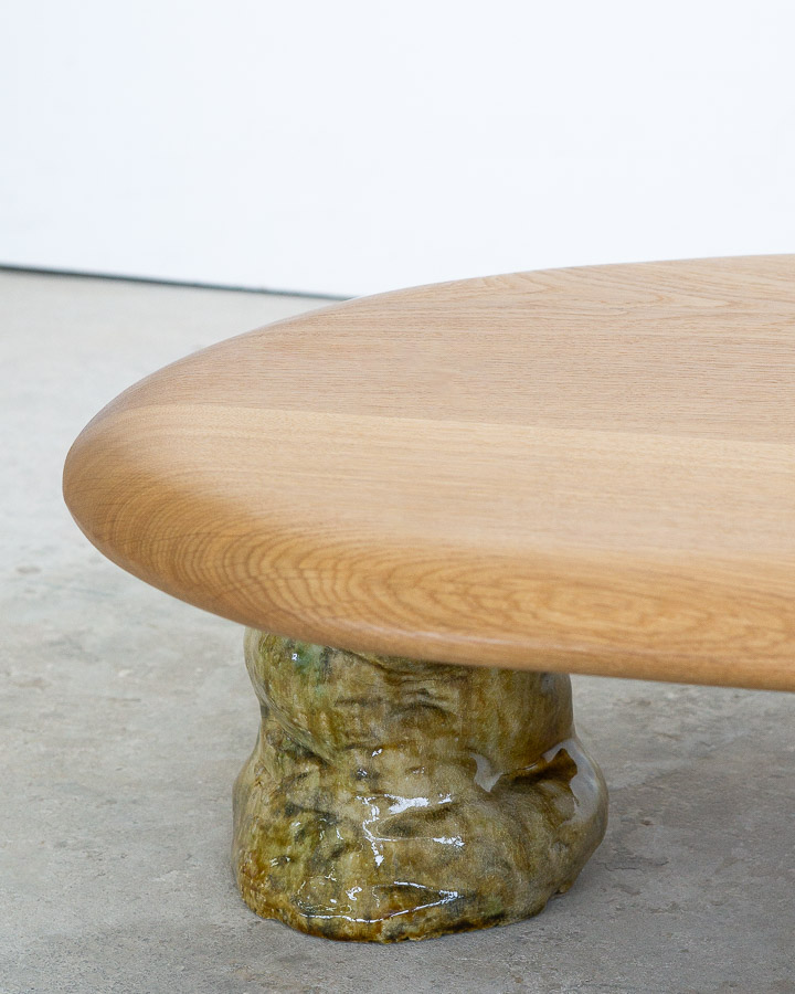 coffee table in white oak with green ceramic legs
