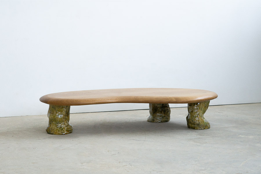 coffee table in white oak with green ceramic legs