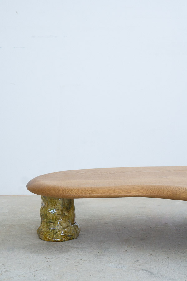 coffee table in white oak with green ceramic legs