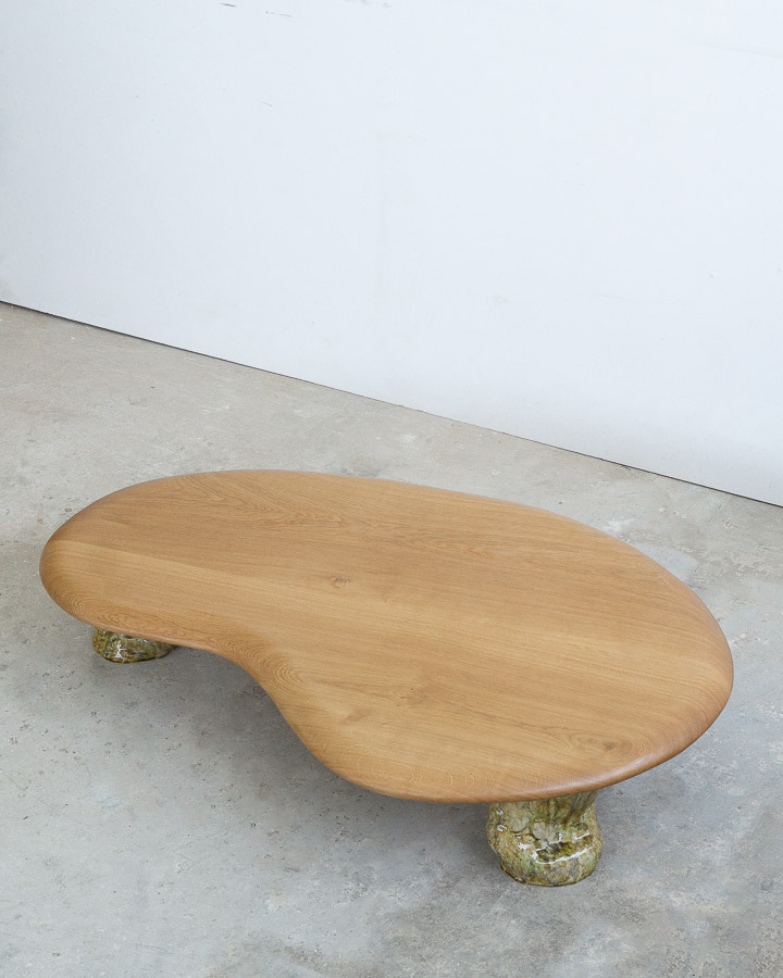 coffee table in white oak with green ceramic legs