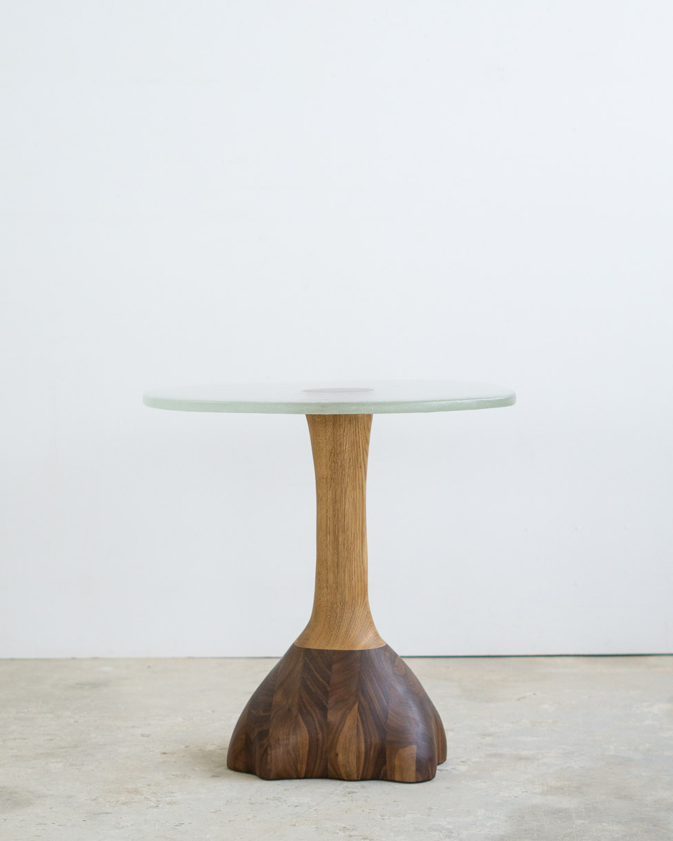 side table made of fused glass and wood