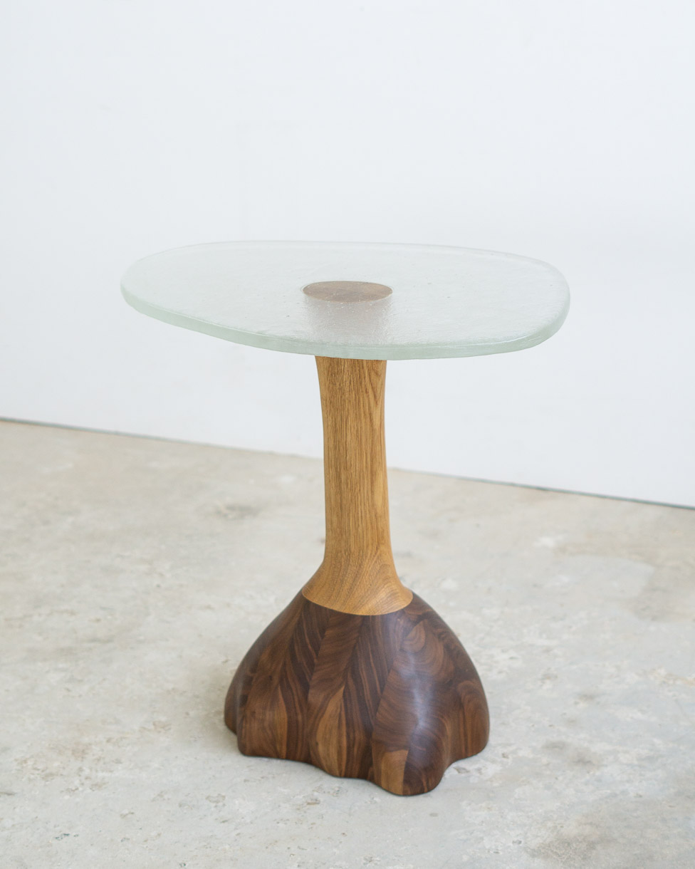 side table made of fused glass and wood