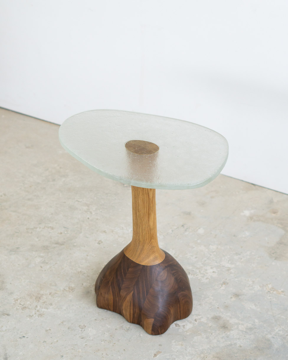 side table made of fused glass and wood