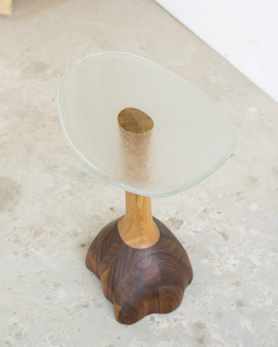 side table made of fused glass and wood