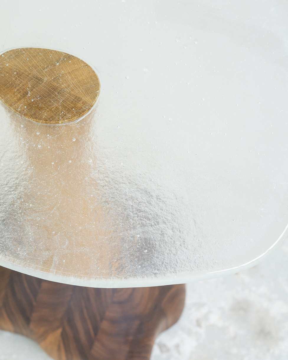 side table made of fused glass and wood