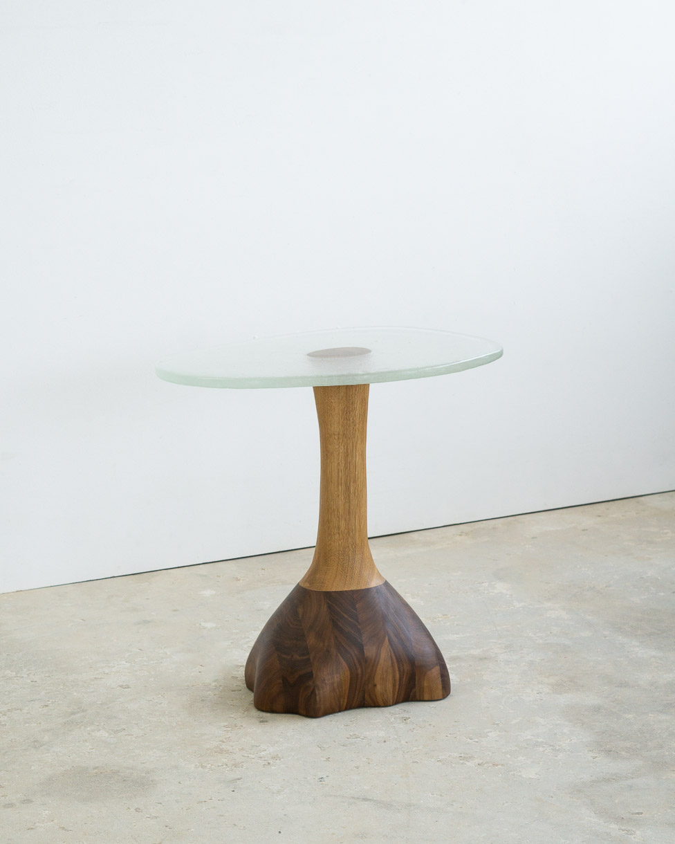 side table made of fused glass and wood