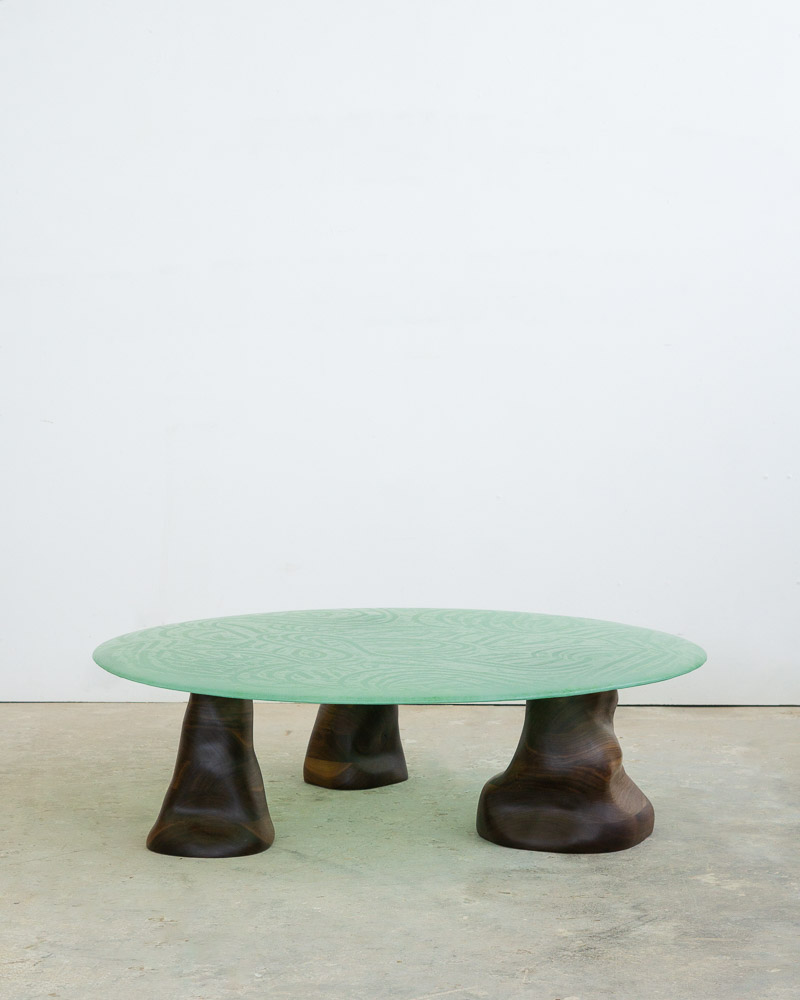 green powdered glass coffee table with walnut legs