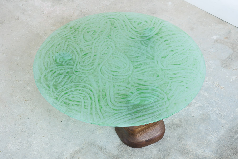 green powdered glass coffee table with walnut legs