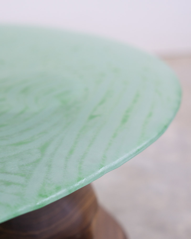 green powdered glass coffee table with walnut legs