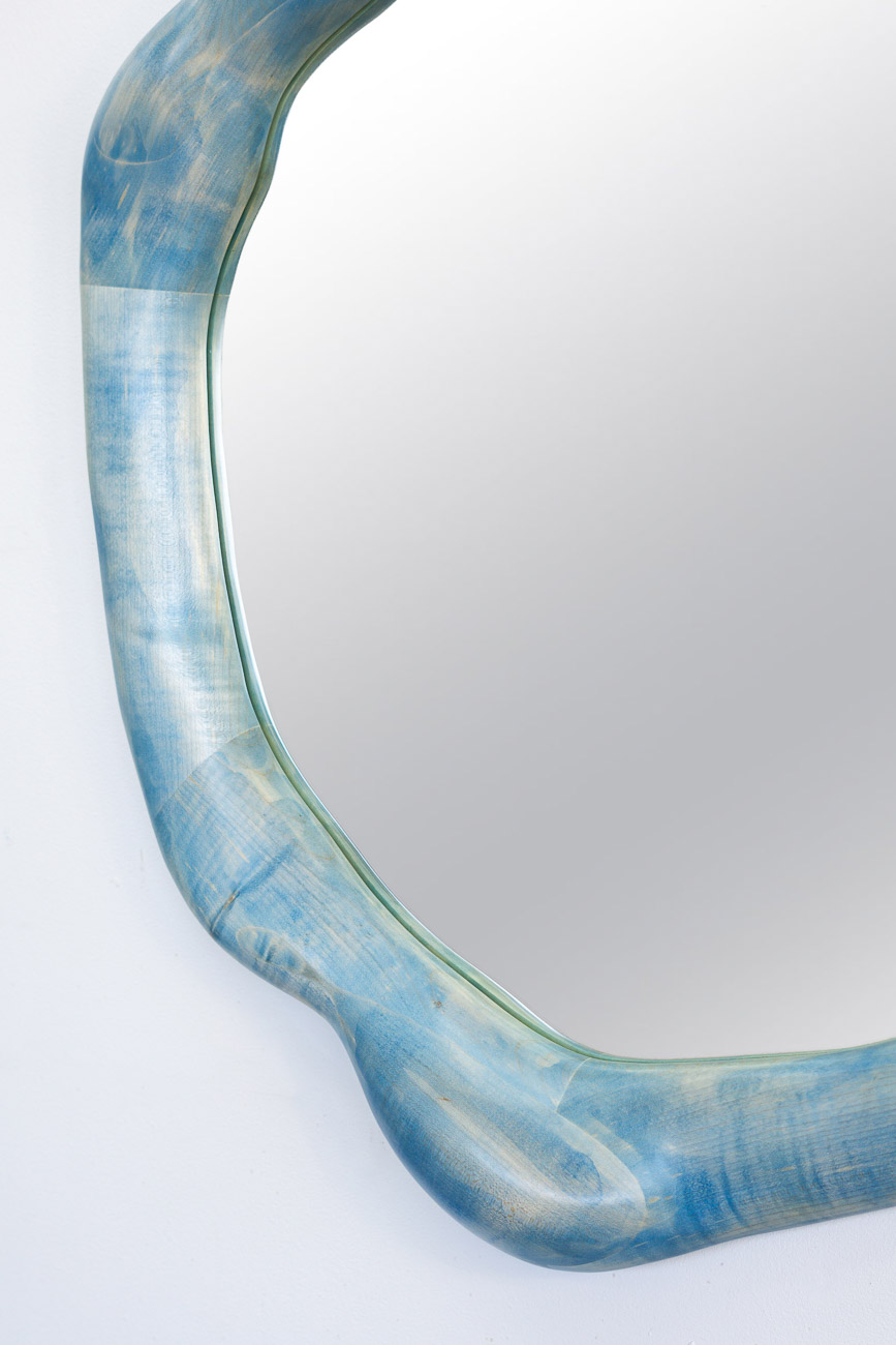 mirror sculptural in blue painted maple