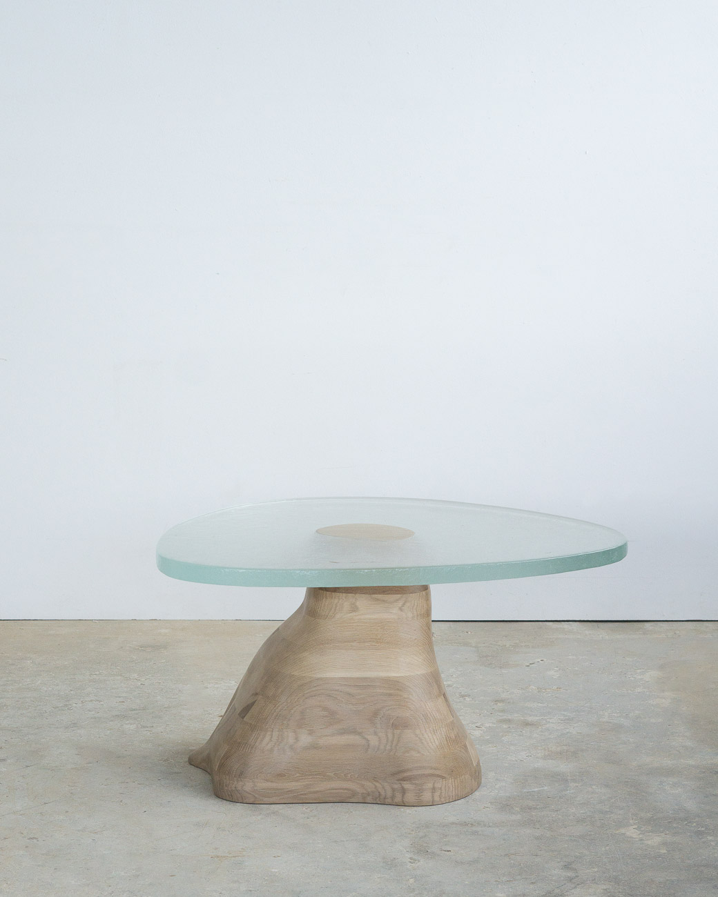 side table made of fused glass and wood