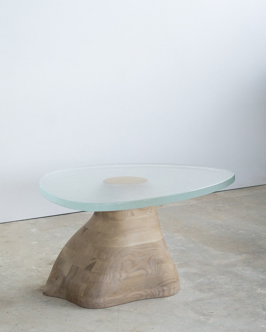 side table made of fused glass and wood