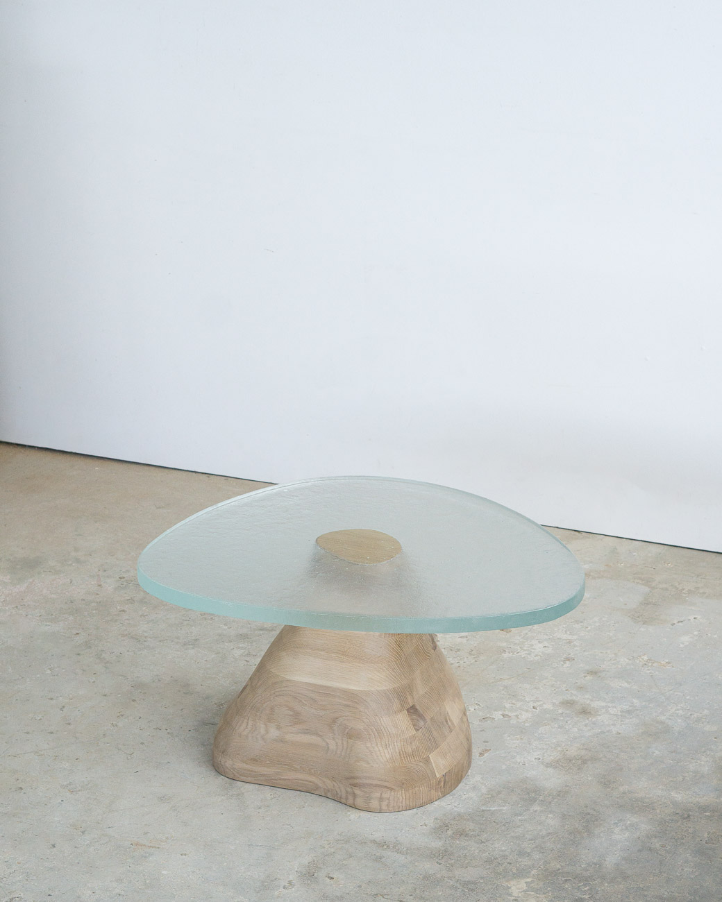 side table made of fused glass and wood