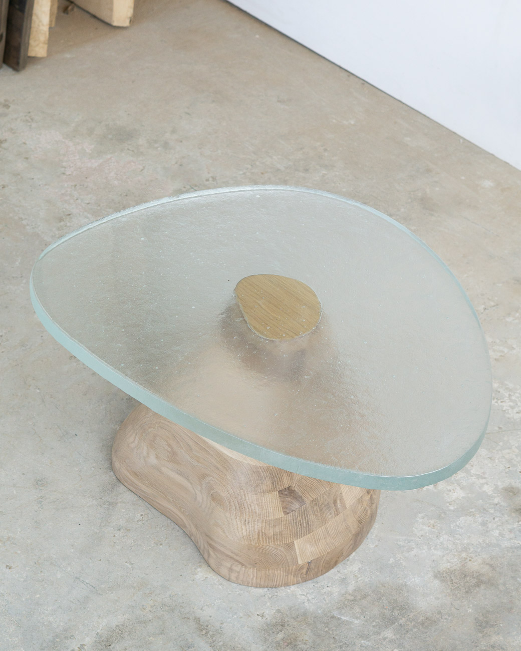 side table made of fused glass and wood