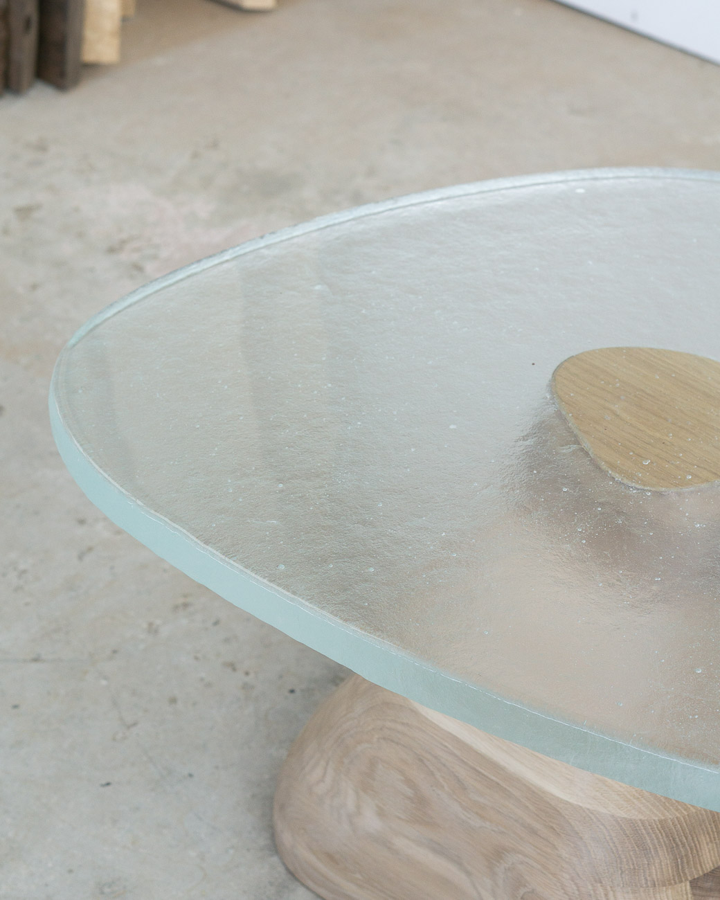 side table made of fused glass and wood