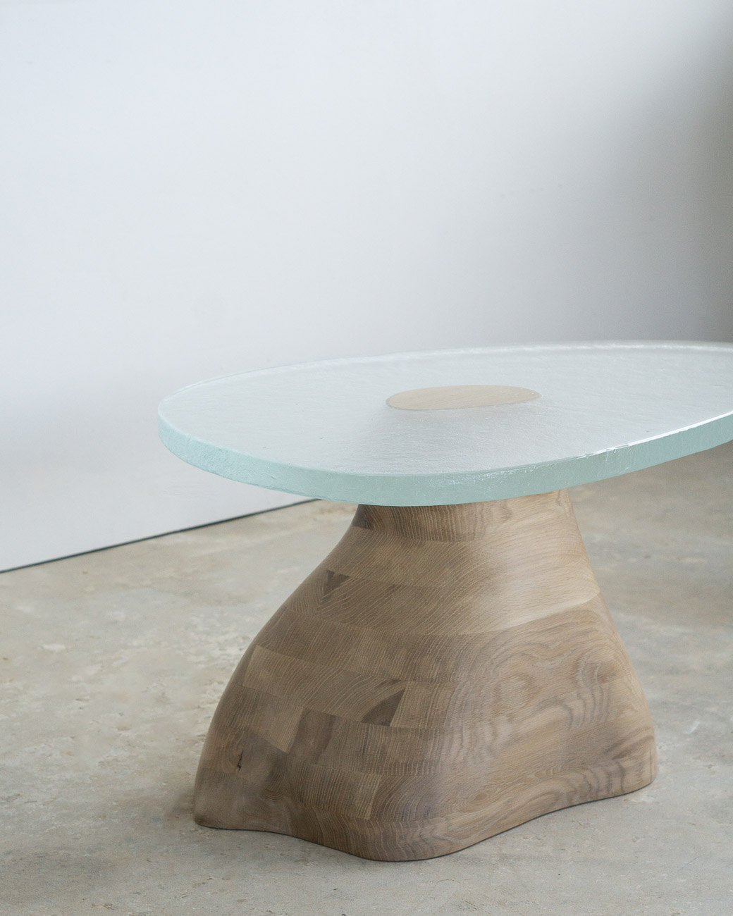 side table made of fused glass and wood