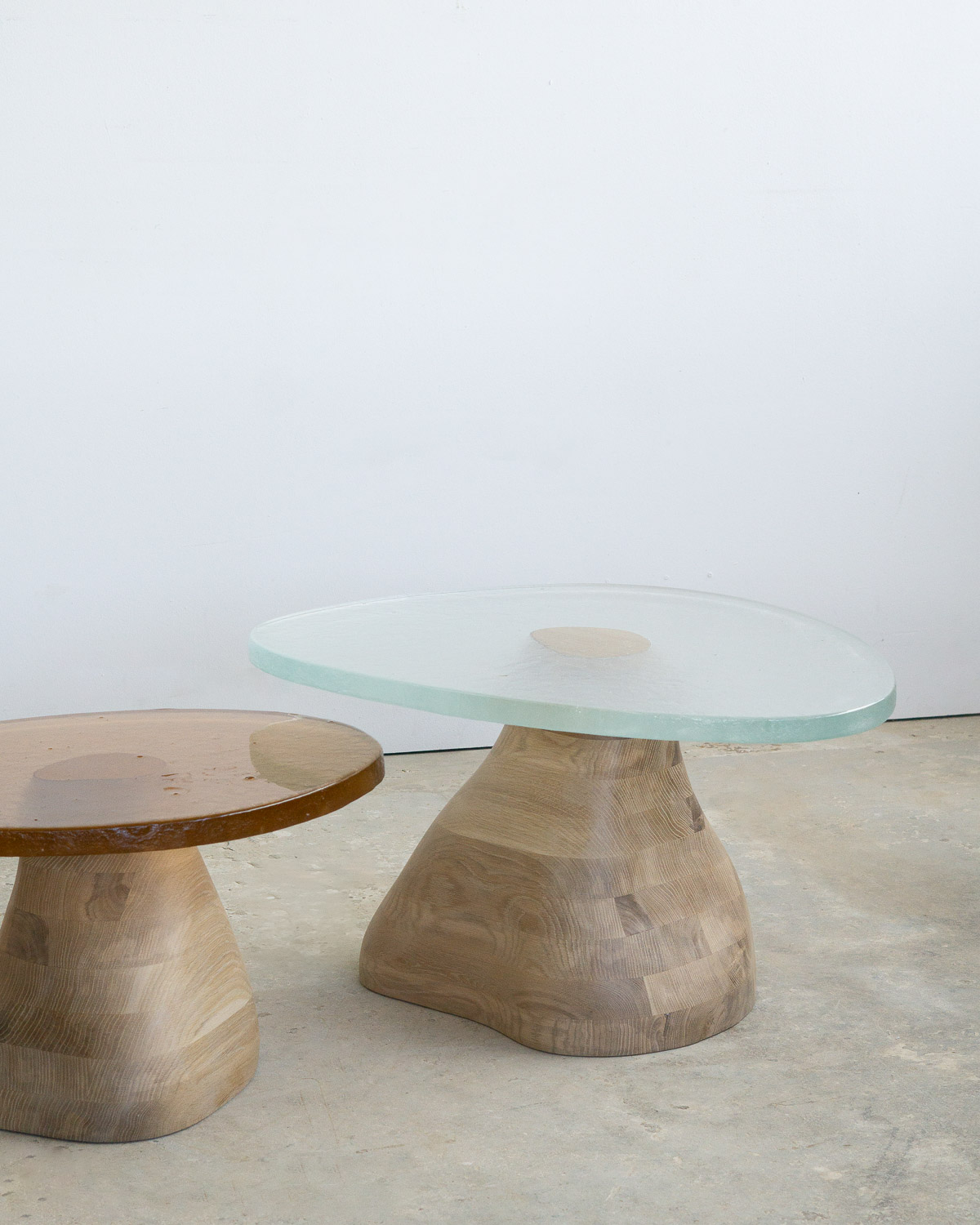 side table made of fused glass and wood