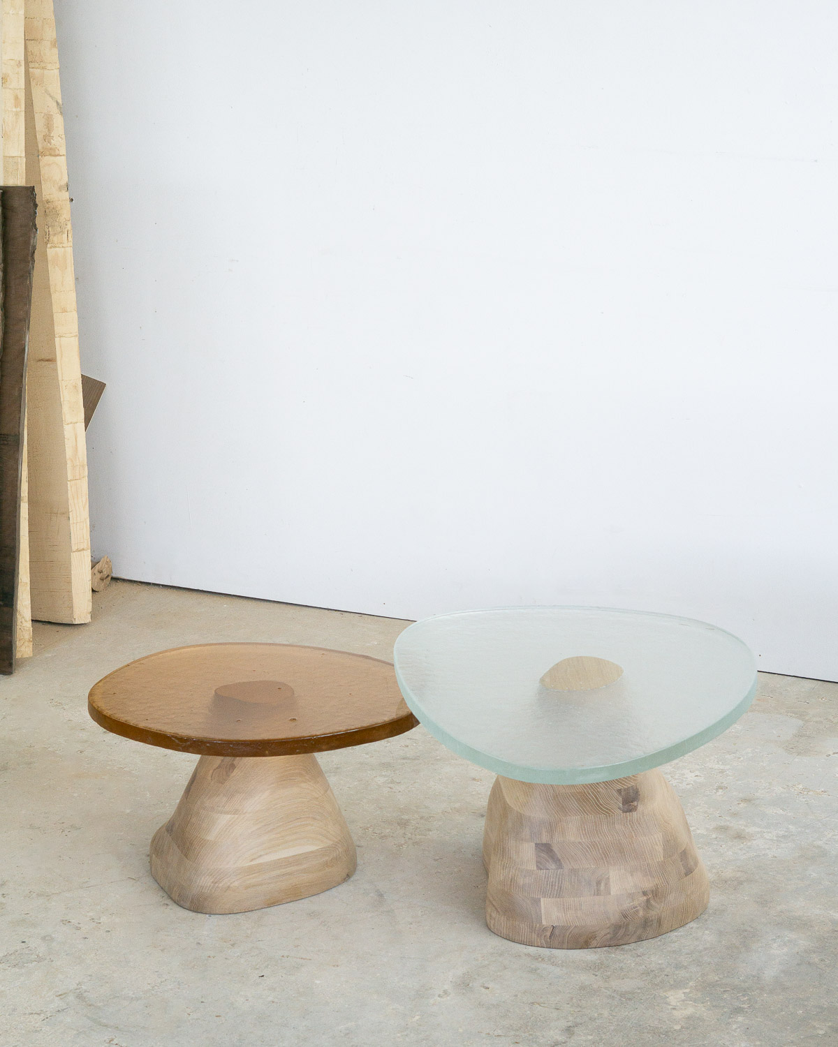 side table made of fused glass and wood