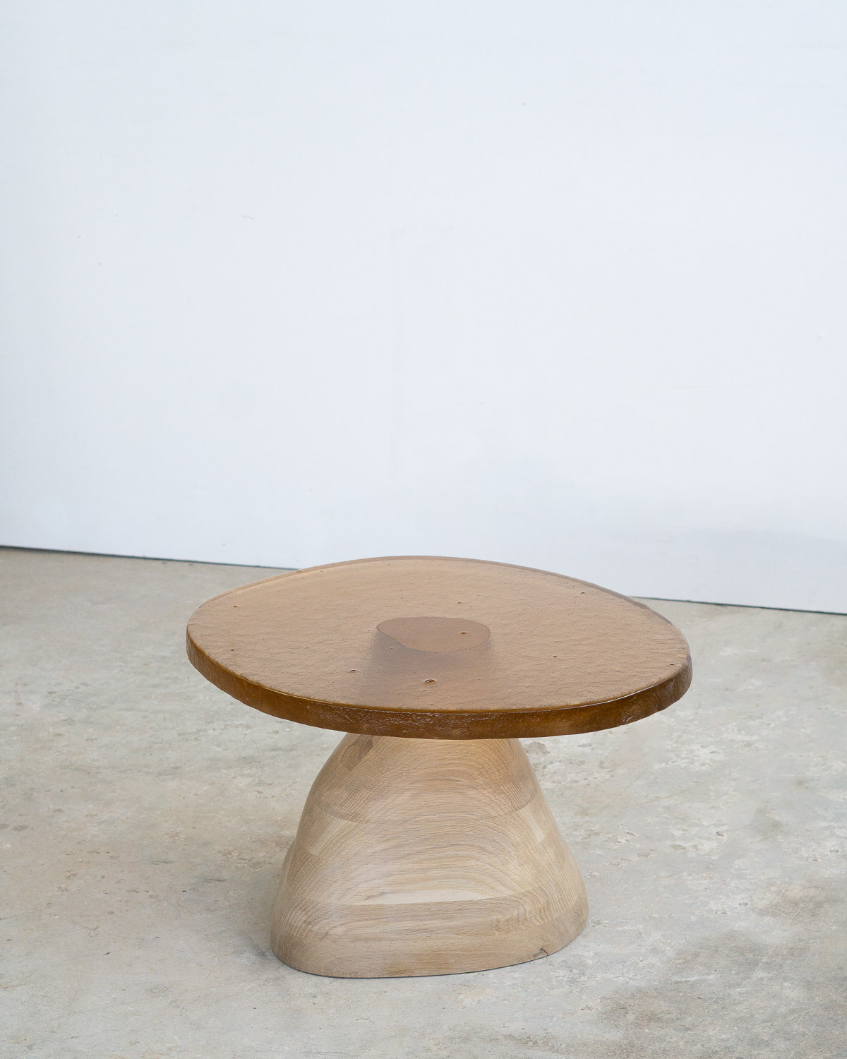 side table made of fused glass and wood