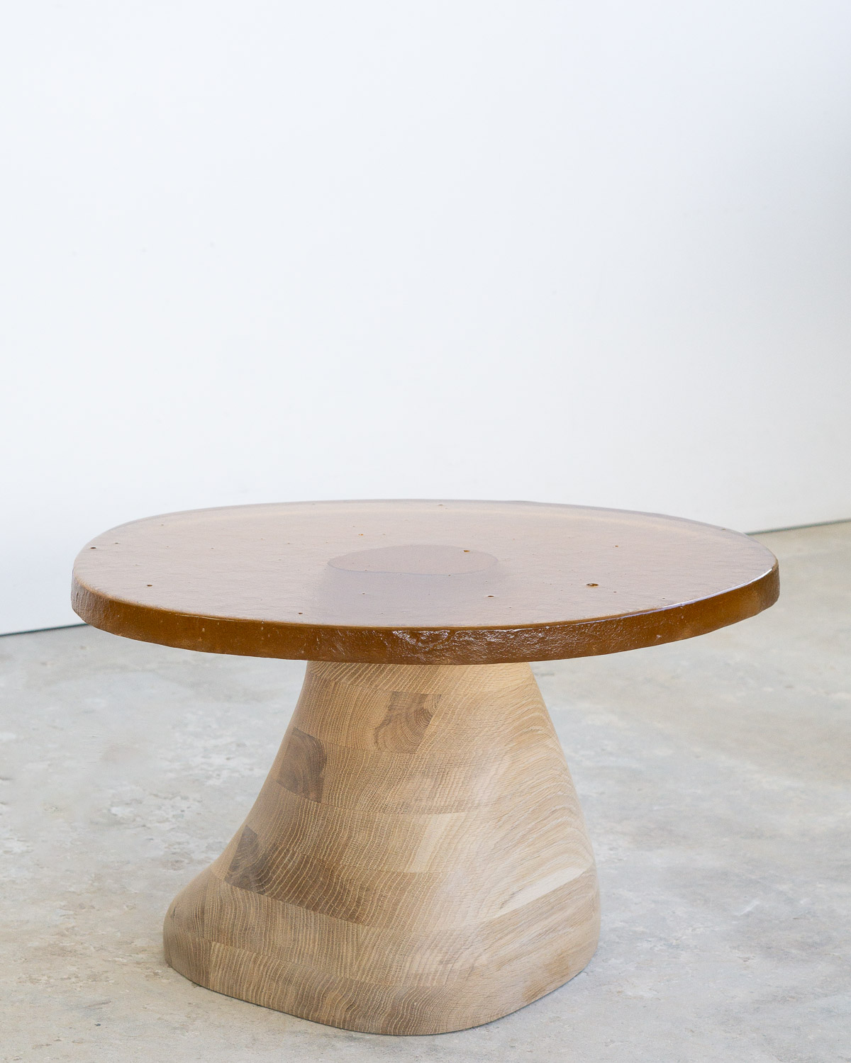 side table made of fused glass and wood