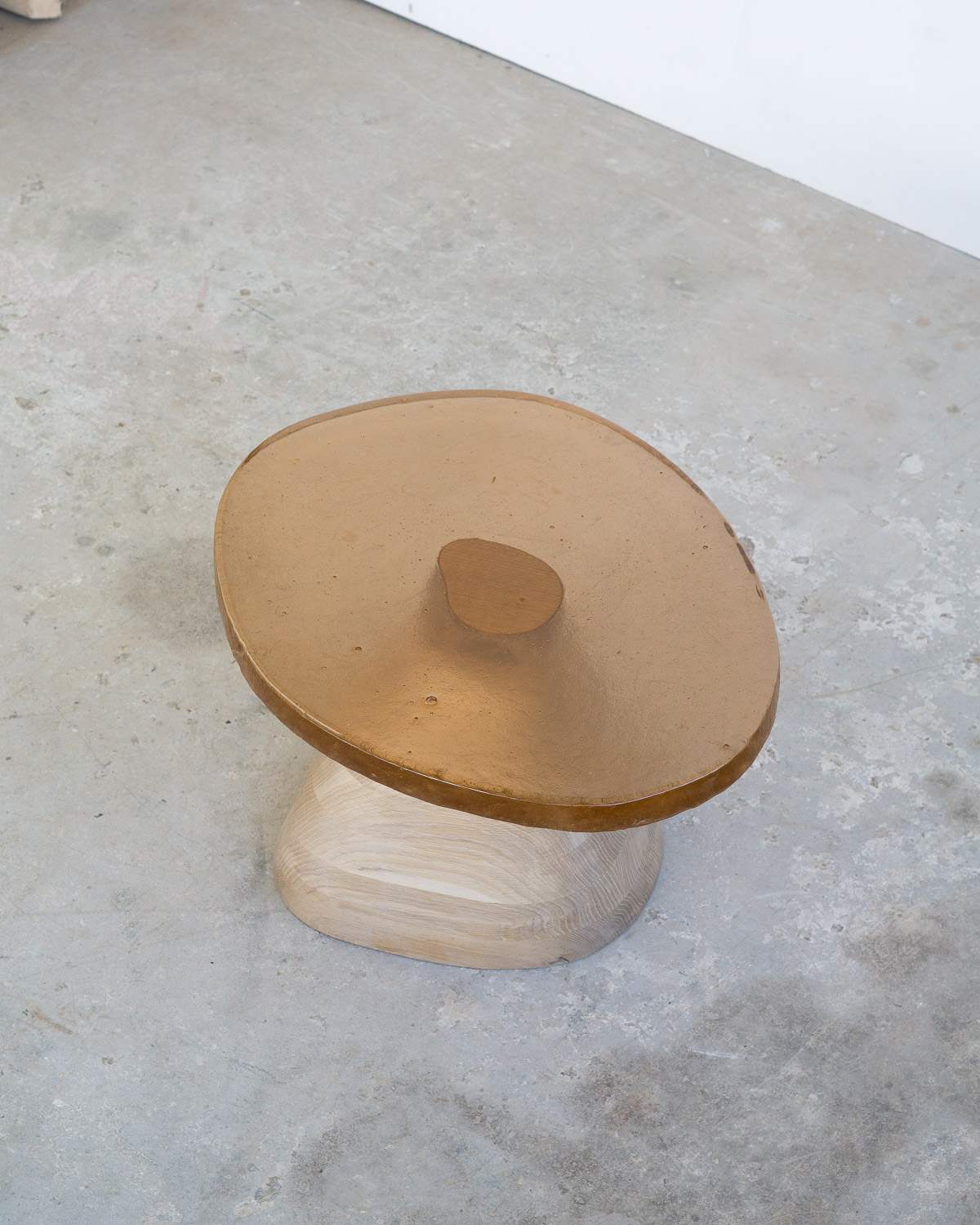 side table made of fused glass and wood