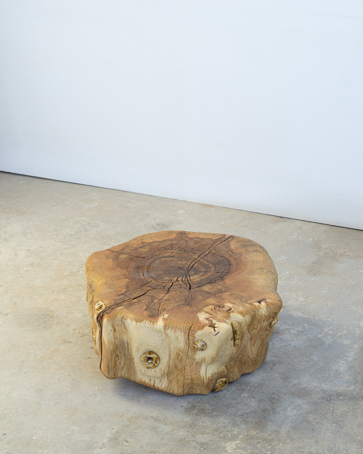 wooden stump with ceramic inlays