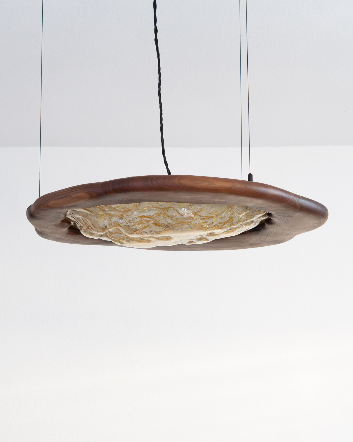 pendant light made from kiln-cast glass & walnut