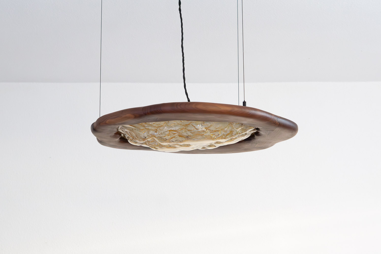 pendant light made from kiln-cast glass & walnut
