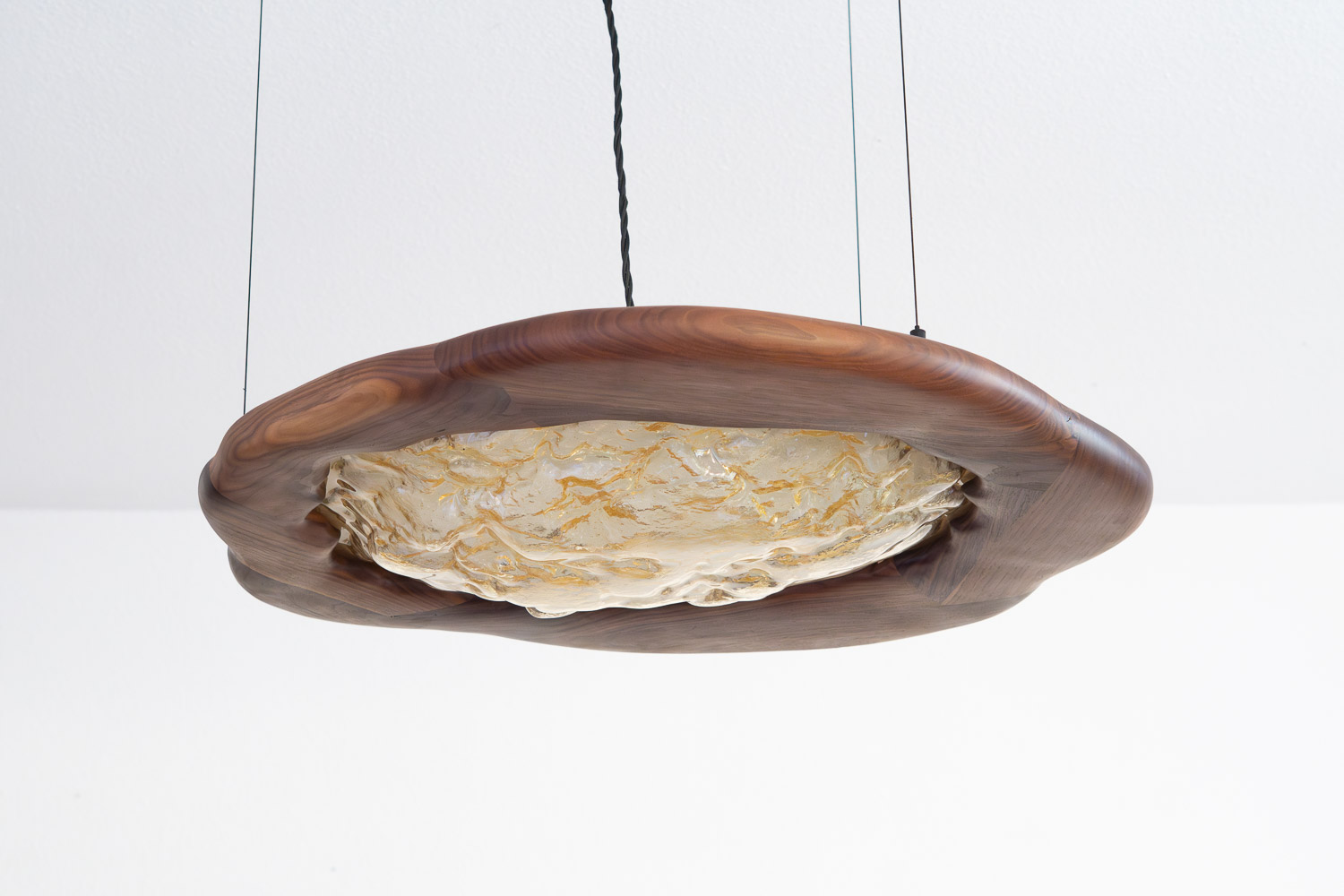 pendant light made from kiln-cast glass & walnut