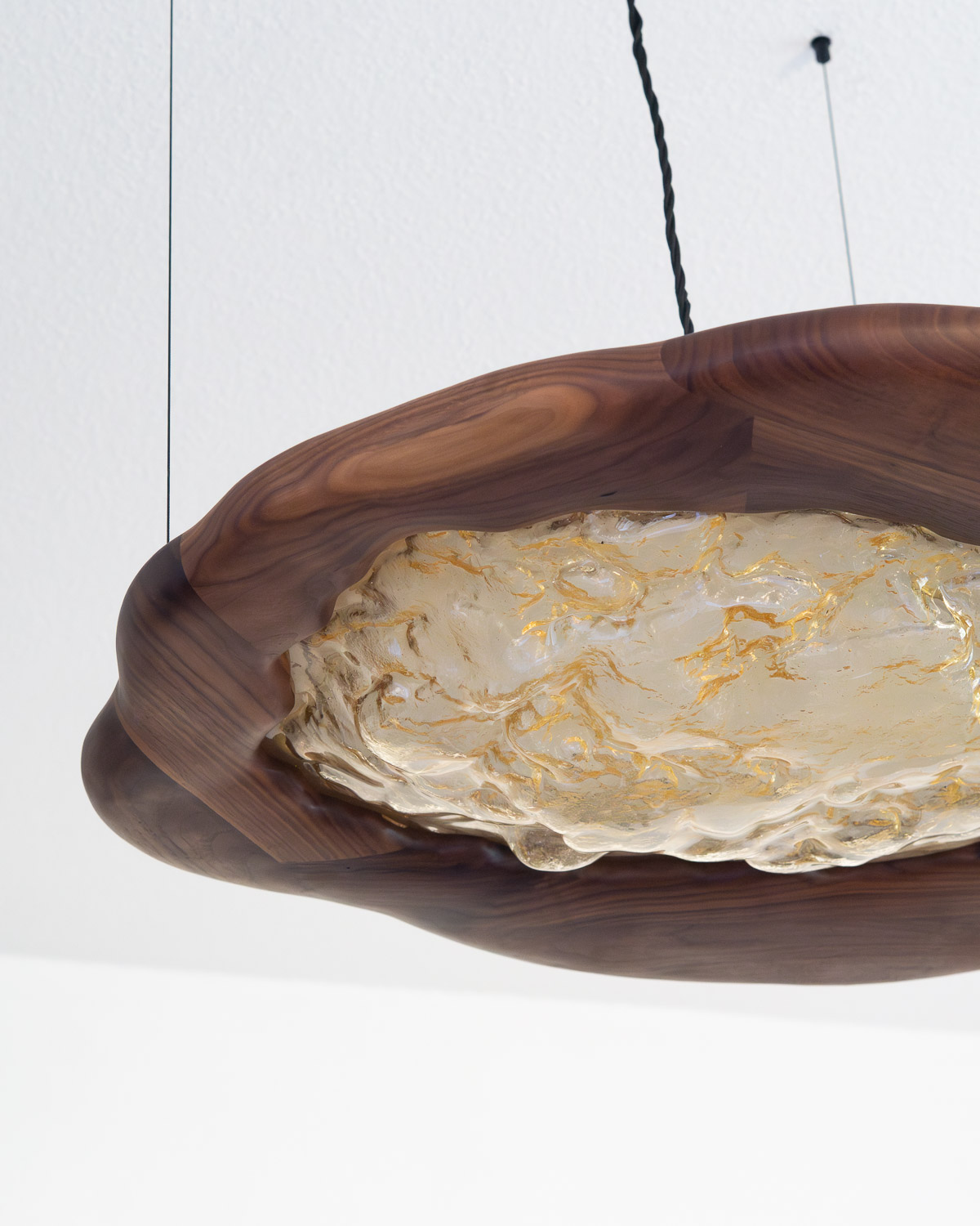 pendant light made from kiln-cast glass & walnut